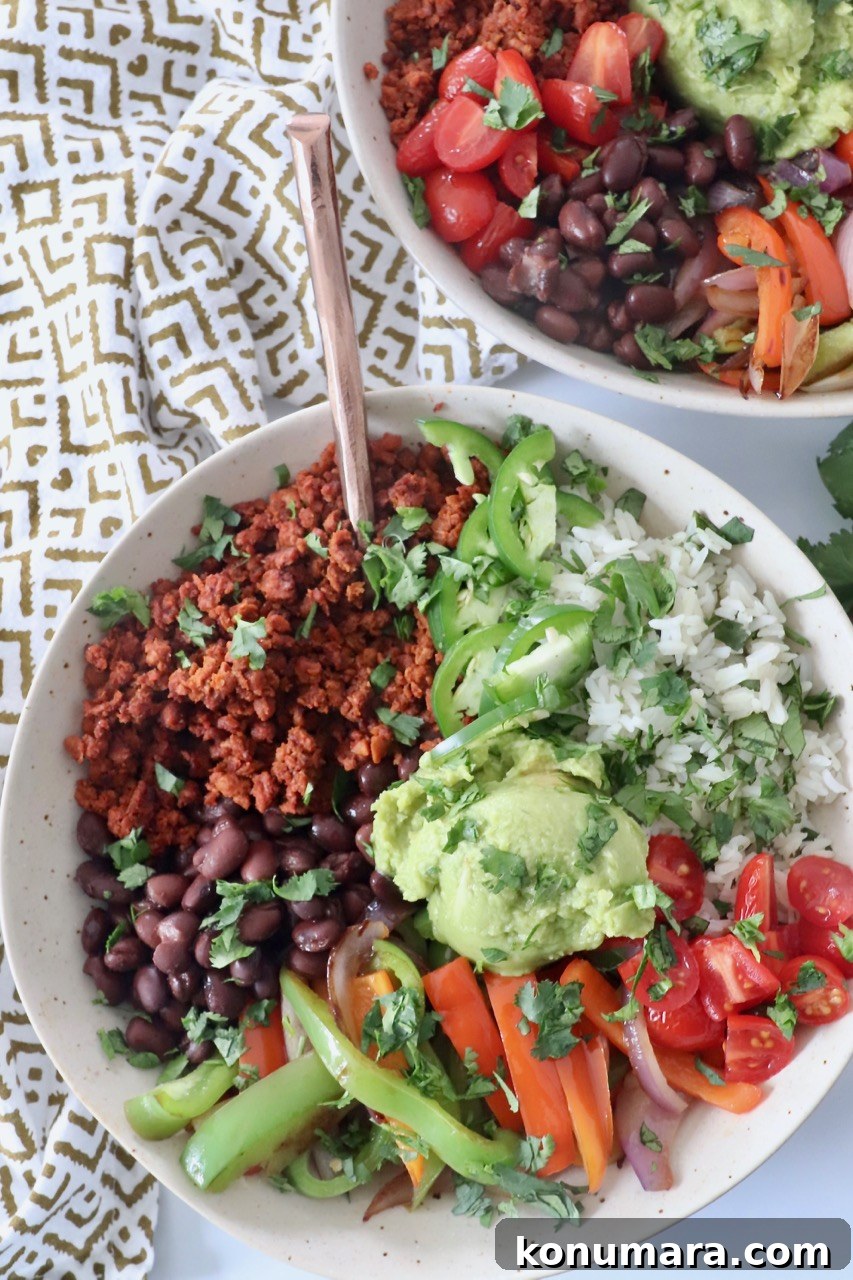 bowls filled with soyrizo, beans, rice and vegetables