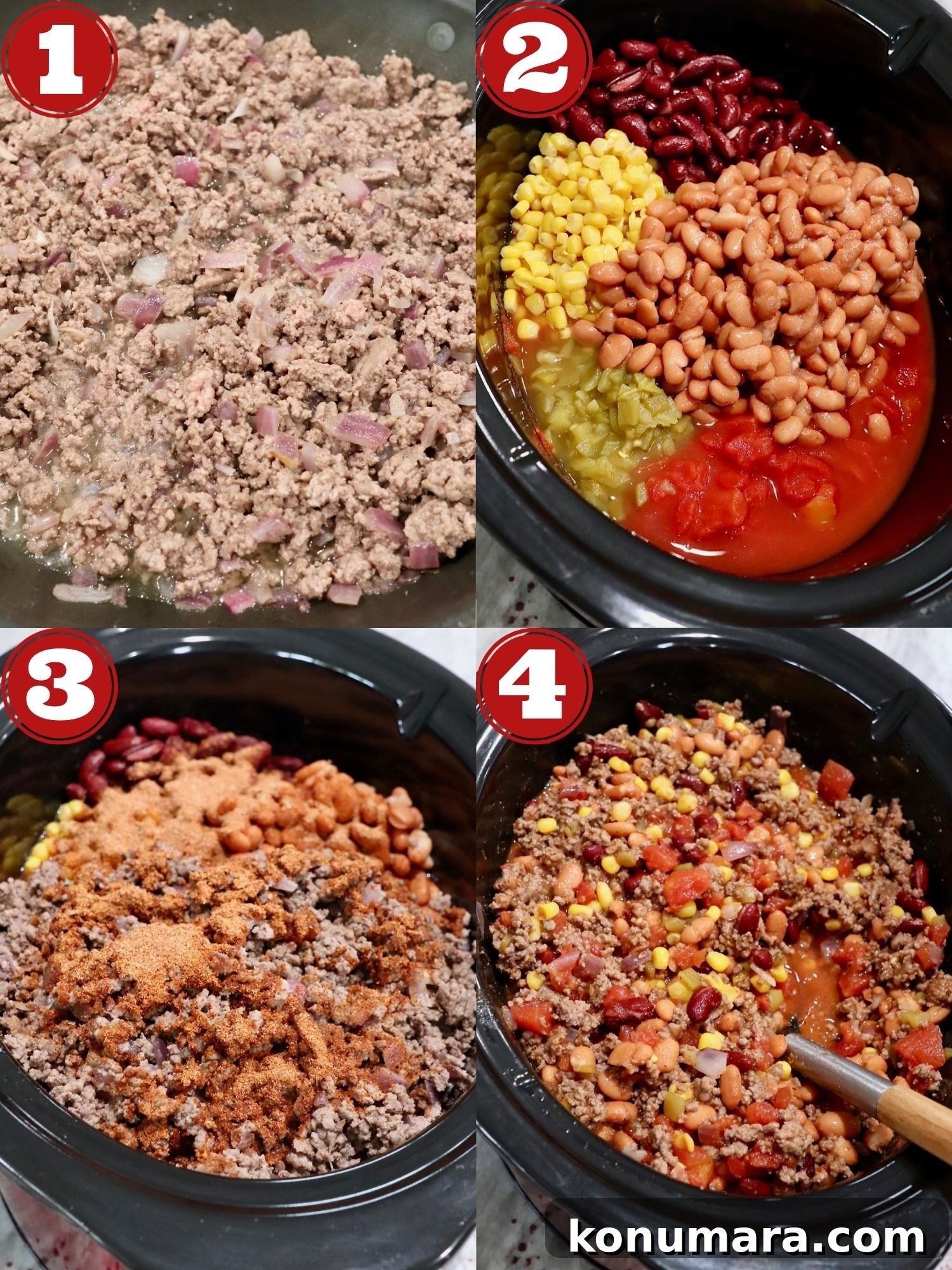 Slow Cooker Taco Soup with Ground Beef and Beans 4 collage of images showing how to make slow cooker taco soup