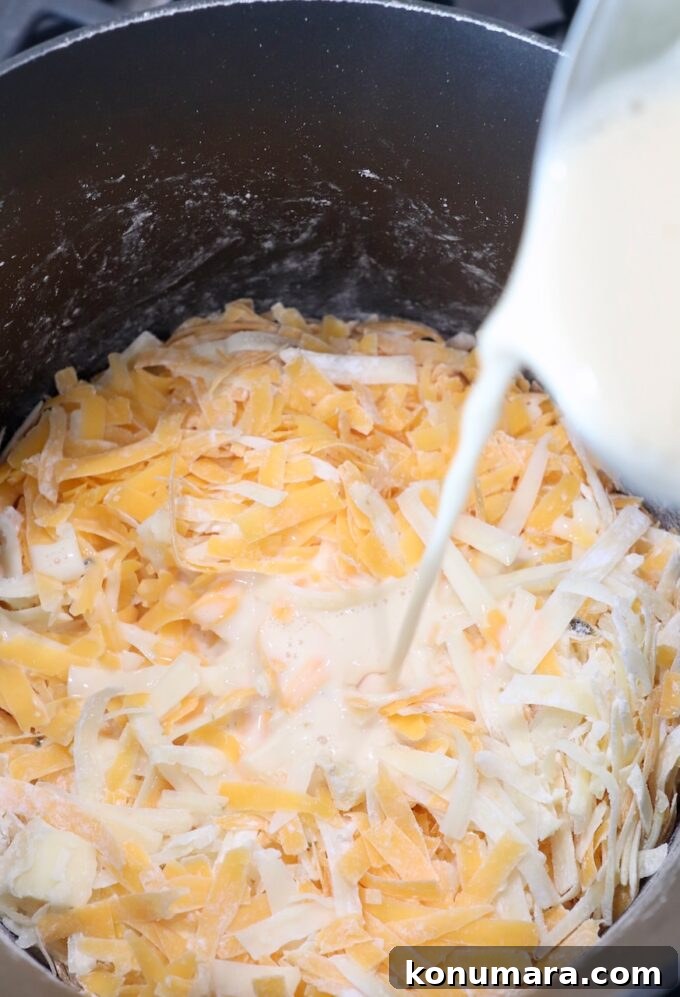 Homemade Nacho Cheese Sauce for Dips and Tacos 5 milk being poured into sauce pan of shredded cheese
