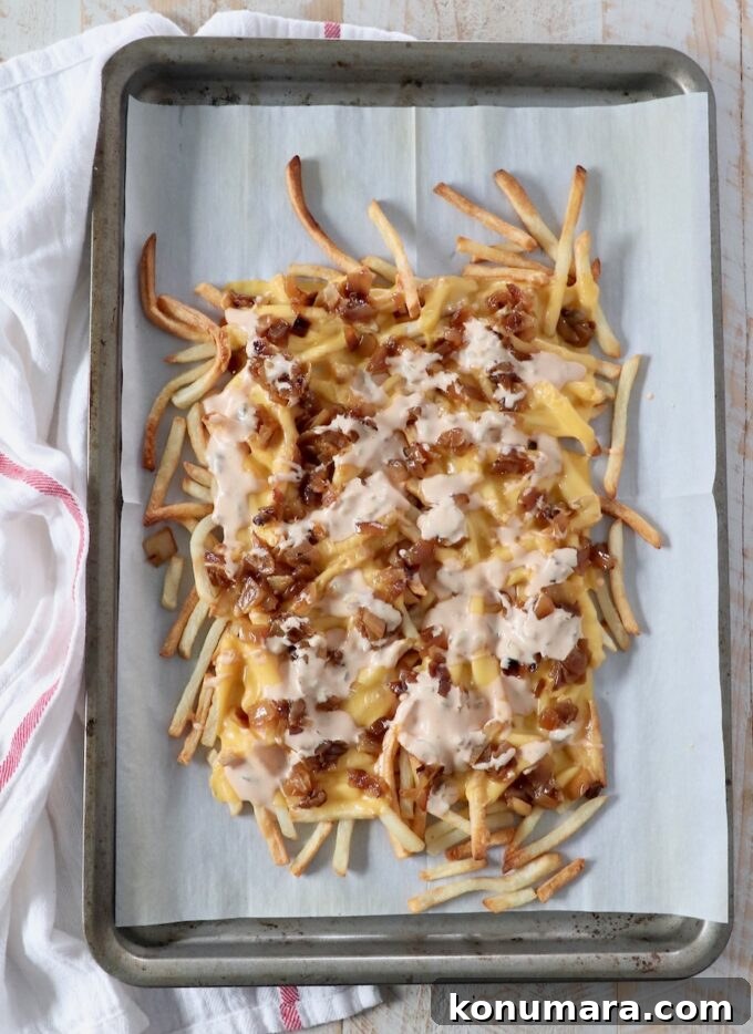 animal style fries on baking sheet