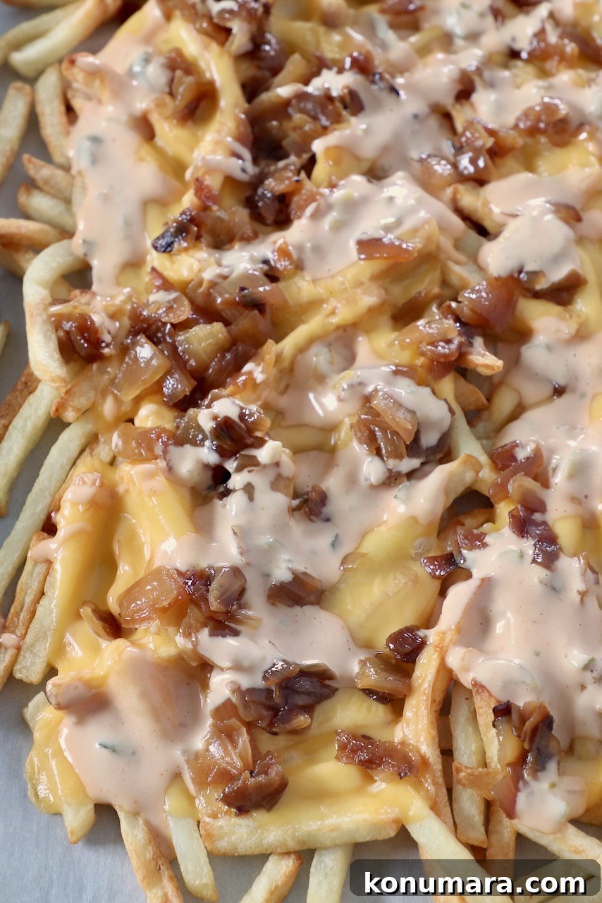 animal style fries on parchment-lined baking sheet