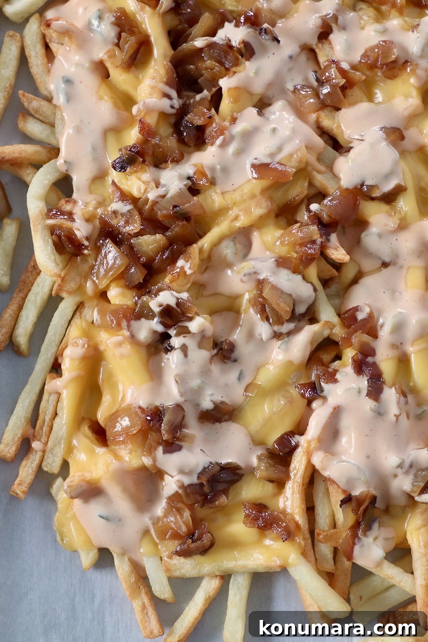 animal style fries on parchment lined baking sheet