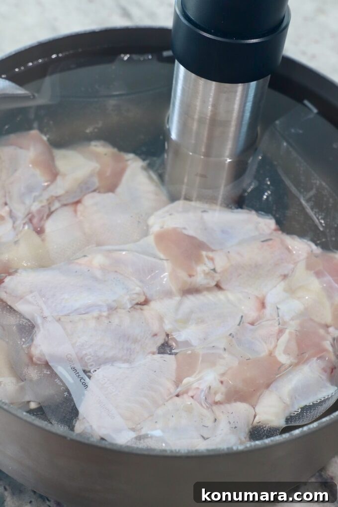 vacuum sealed bags of chicken wings in pot of water with sous vide attachment on the side