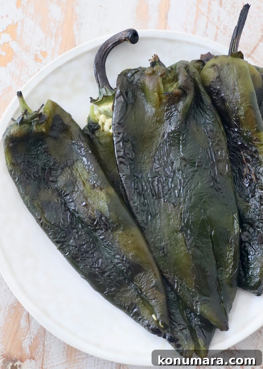 How to Roast Poblano Peppers for Salsa and Stuffing 2 roasted poblano peppers on plate