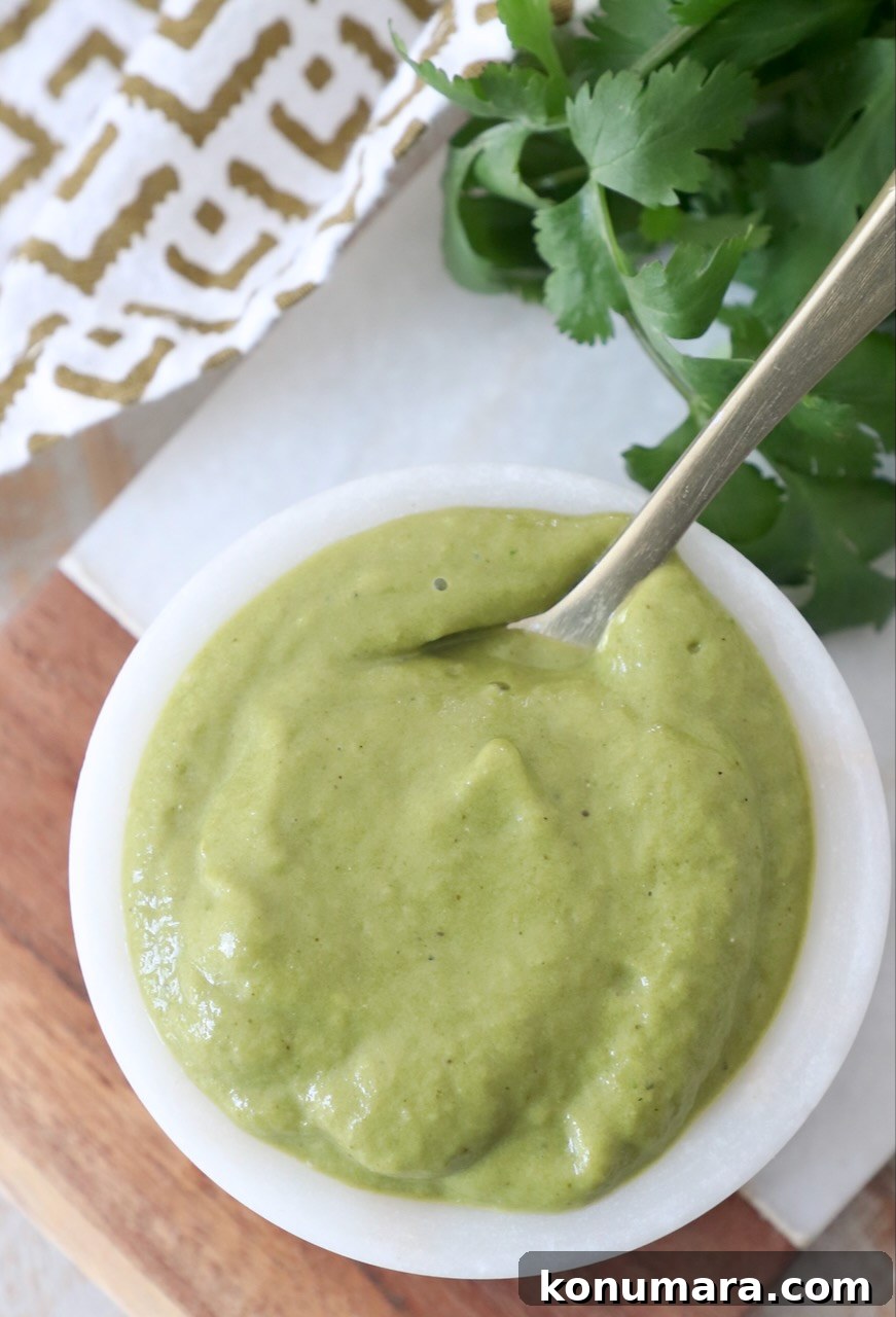Roasted Poblano Sauce Recipe for Tacos and Enchiladas 2 poblano sauce in small white bowl with spoon