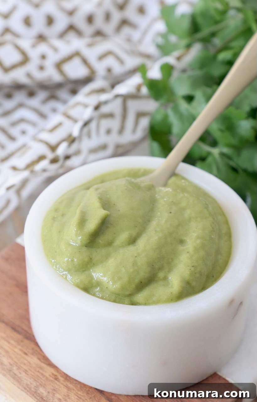 Roasted Poblano Sauce Recipe for Tacos and Enchiladas 4 poblano cream sauce in small bowl with spoon