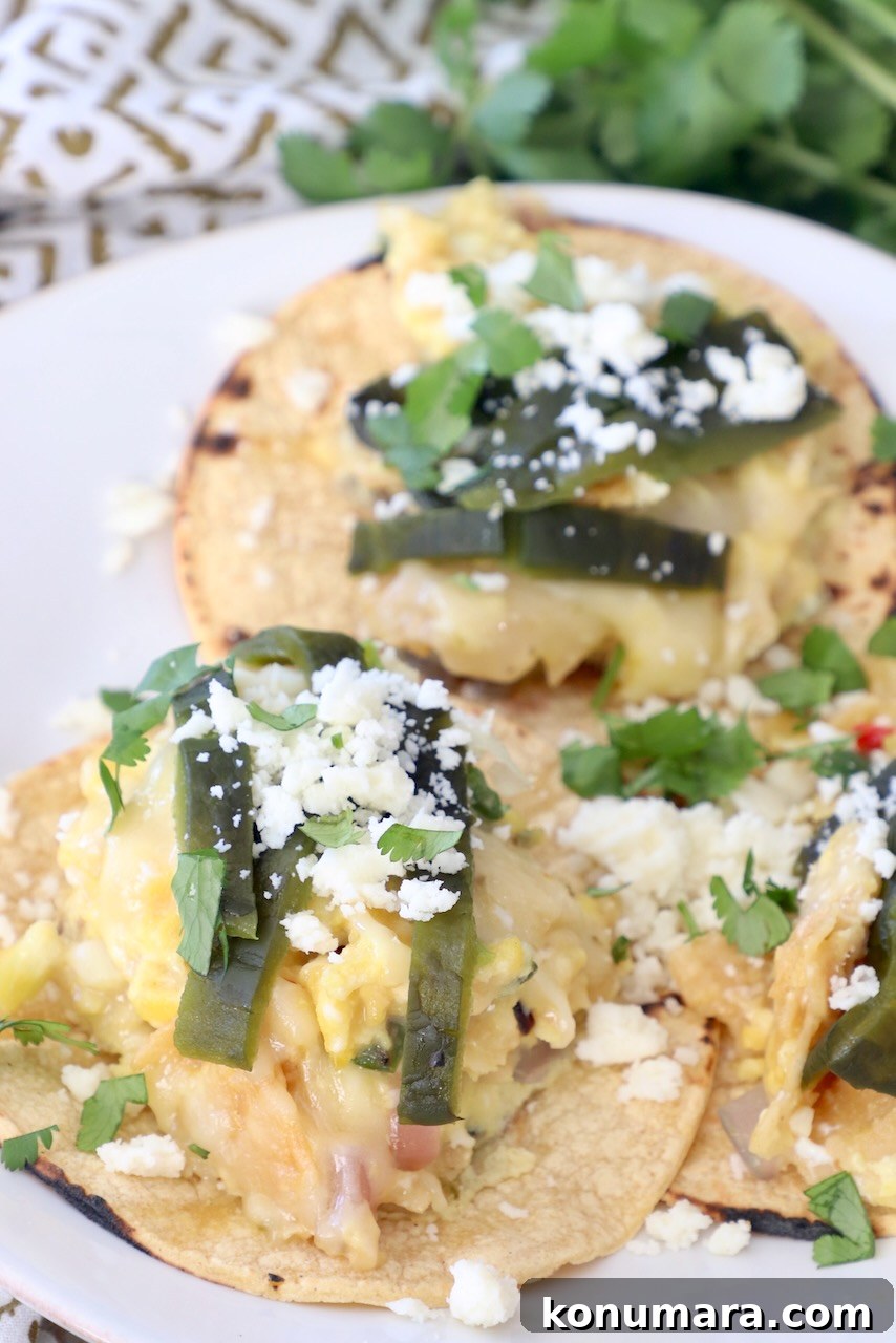 Classic Spanish Migas Recipe with Chorizo and Fried Eggs 8 migas tacos on plate topped with roasted poblano peppers