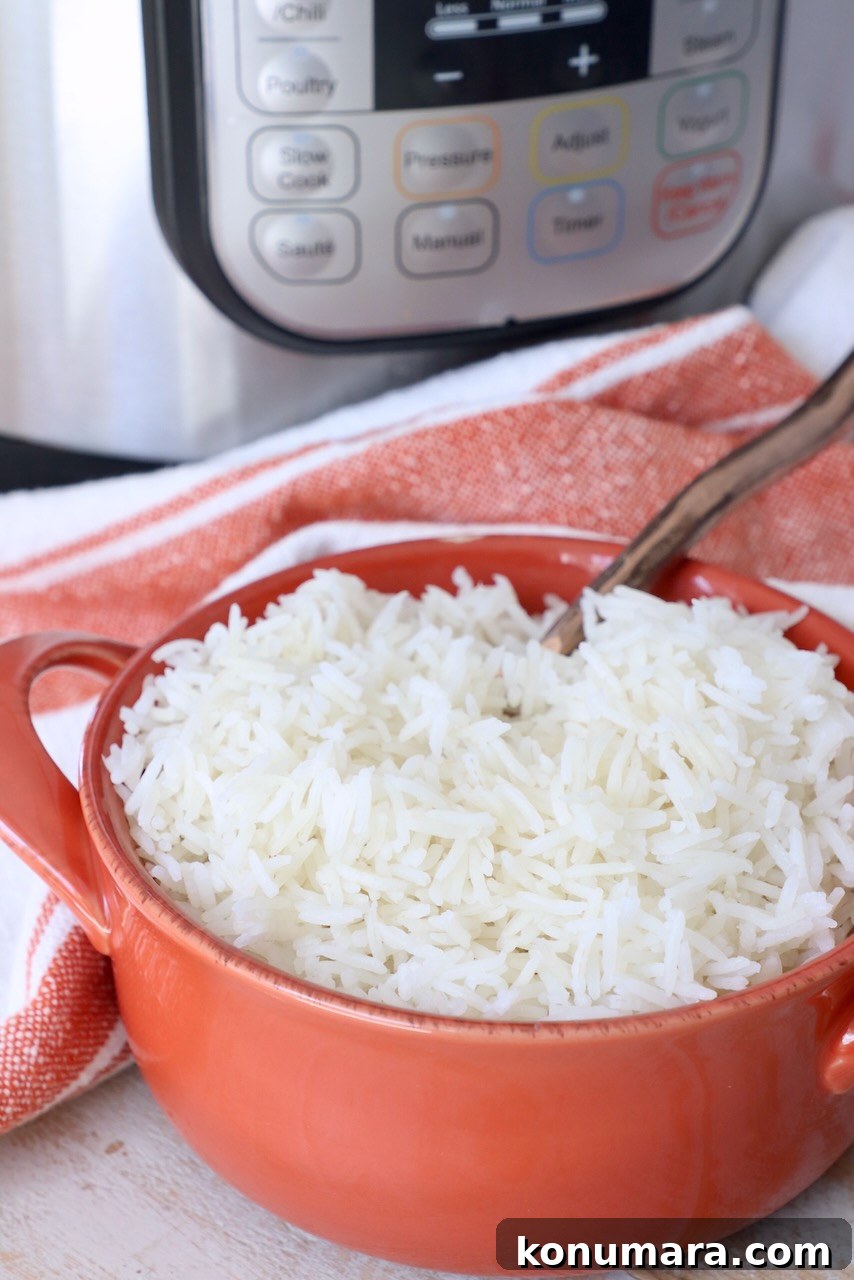 How to Make Fluffy Basmati Rice in the Instant Pot 2 white rice in orange bowl with spoon, with Instant Pot in the background