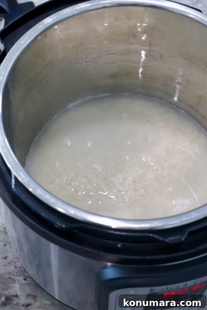 How to Make Fluffy Basmati Rice in the Instant Pot 4 rice covered in water in Instant Pot