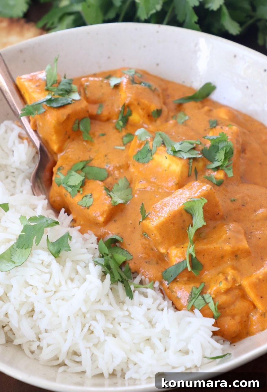 Paneer Makhani: Creamy Indian Butter Paneer Recipe 11 butter paneer in bowl with cooked basmati rice