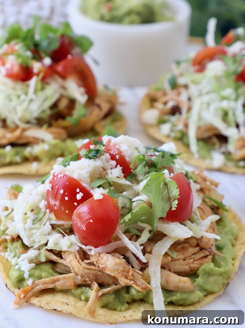 chicken tostadas topped with diced tomatoes
