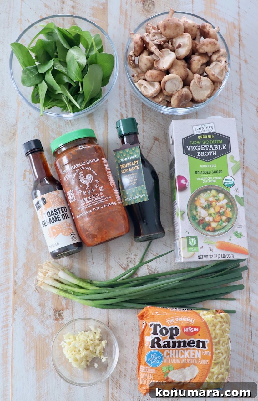 Vegetarian Ramen Recipe: Miso Umami Broth with Vegetables 3 ingredients for vegetarian ramen on white wood board