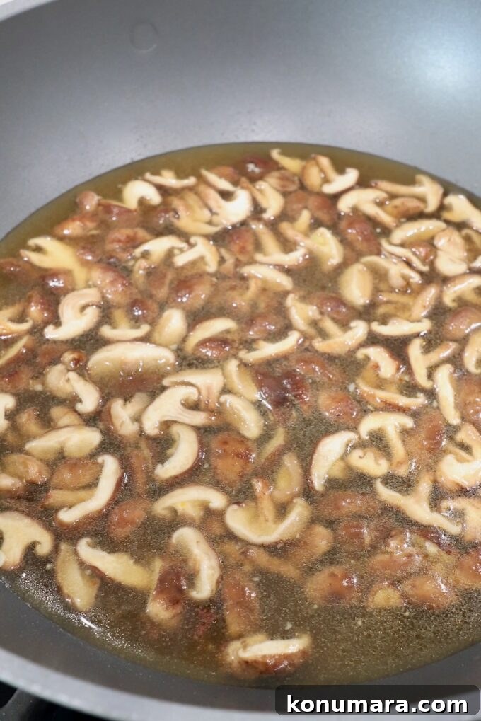 Vegetarian Ramen Recipe: Miso Umami Broth with Vegetables 4 sliced mushrooms in broth in large pot on stove