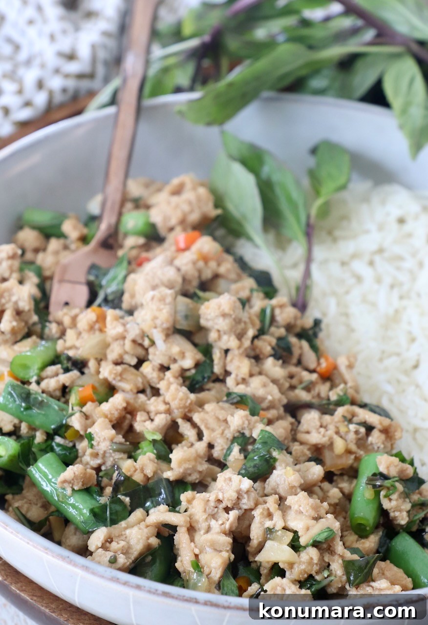 Spicy Thai Basil Chicken (Pad Krapow) Recipe 8 cooked Thai basil chicken in bowl with white rice