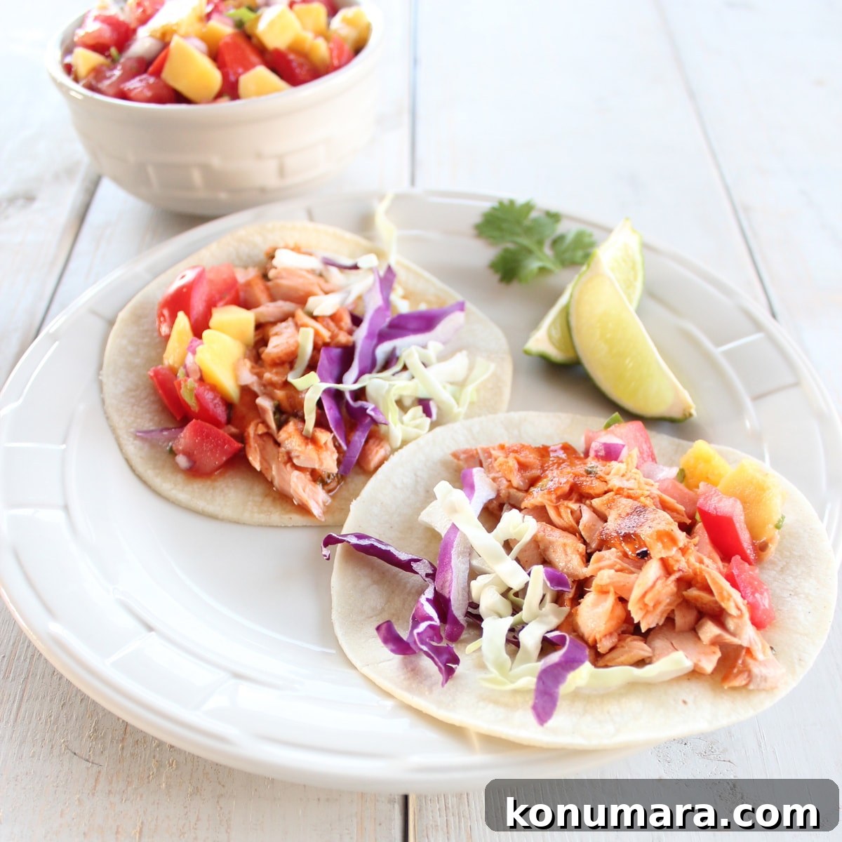 Chipotle Honey Salmon Tacos with Mango Salsa
