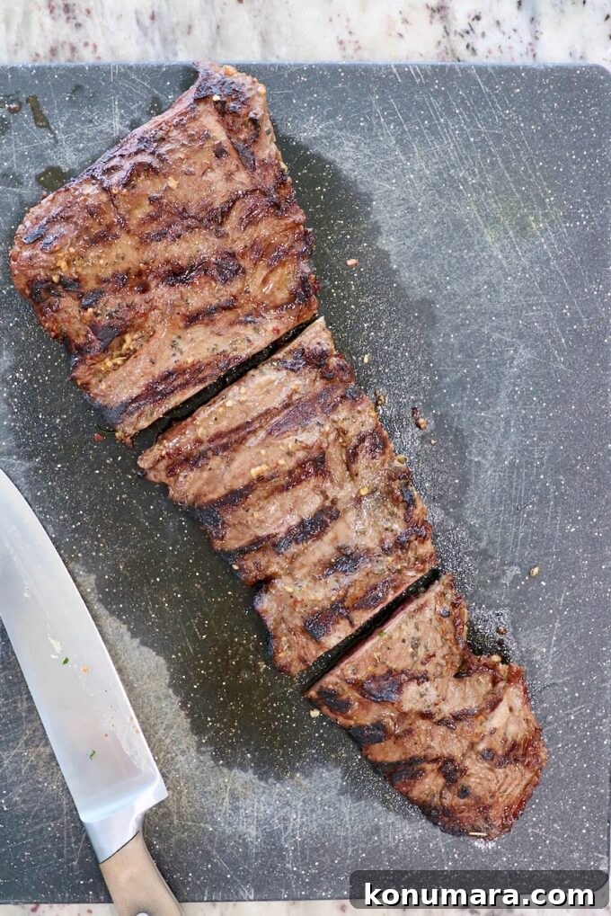 grilled skirt steak sliced into three pieces