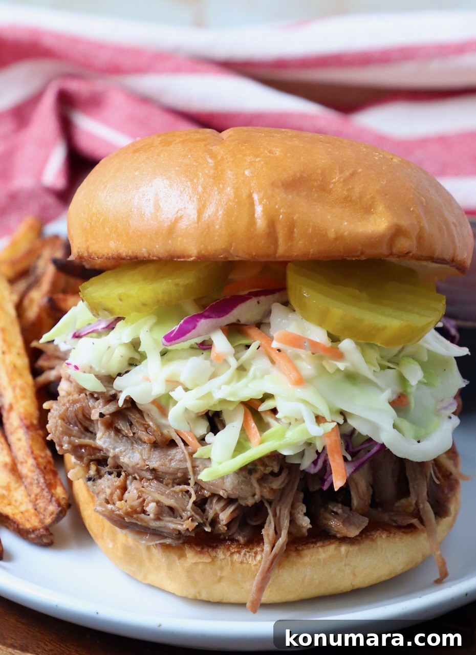 Tender and Juicy Instant Pot Pulled Pork Recipe 2 pulled pork sandwich on plate with french fries