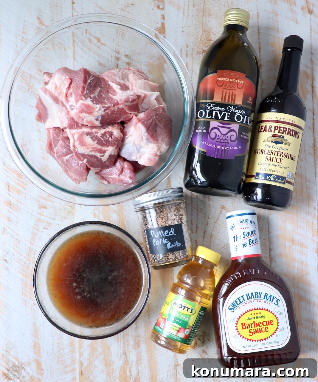 Tender and Juicy Instant Pot Pulled Pork Recipe 3 pulled pork ingredients on white wood board