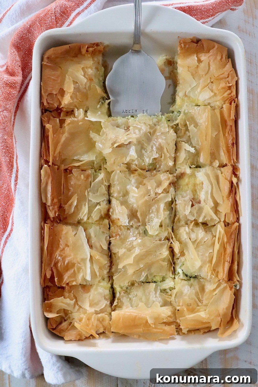 baked zucchini pie with phyllo crust in baking dish with silver pie server