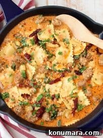 One Pot Ravioli with Creamy Pesto Sauce & Sausage