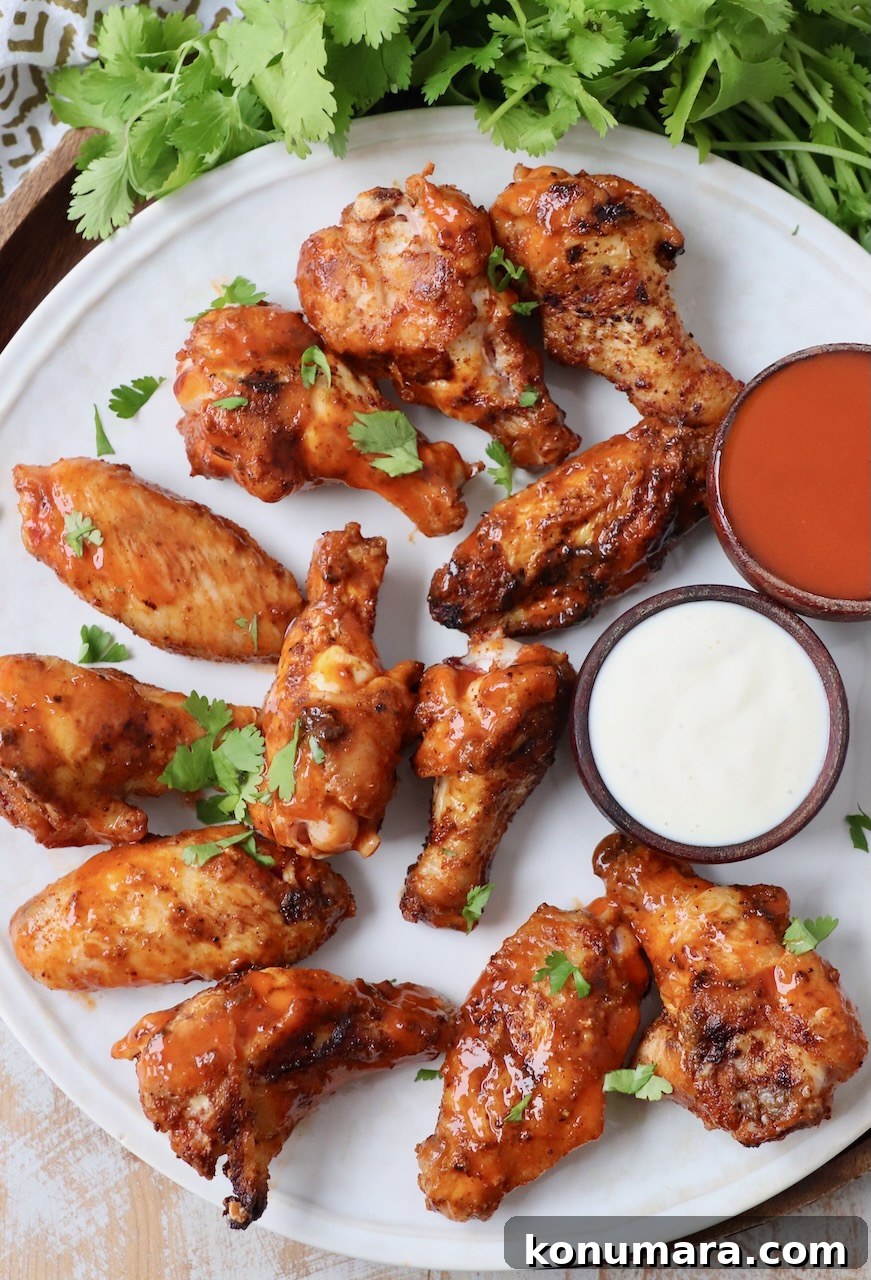 grilled chicken wings tossed with buffalo sauce on plate