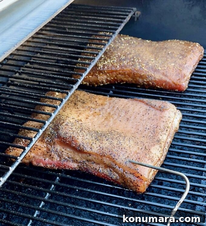 smoked pork bellies on a smoker with a temperature prob in one pork belly