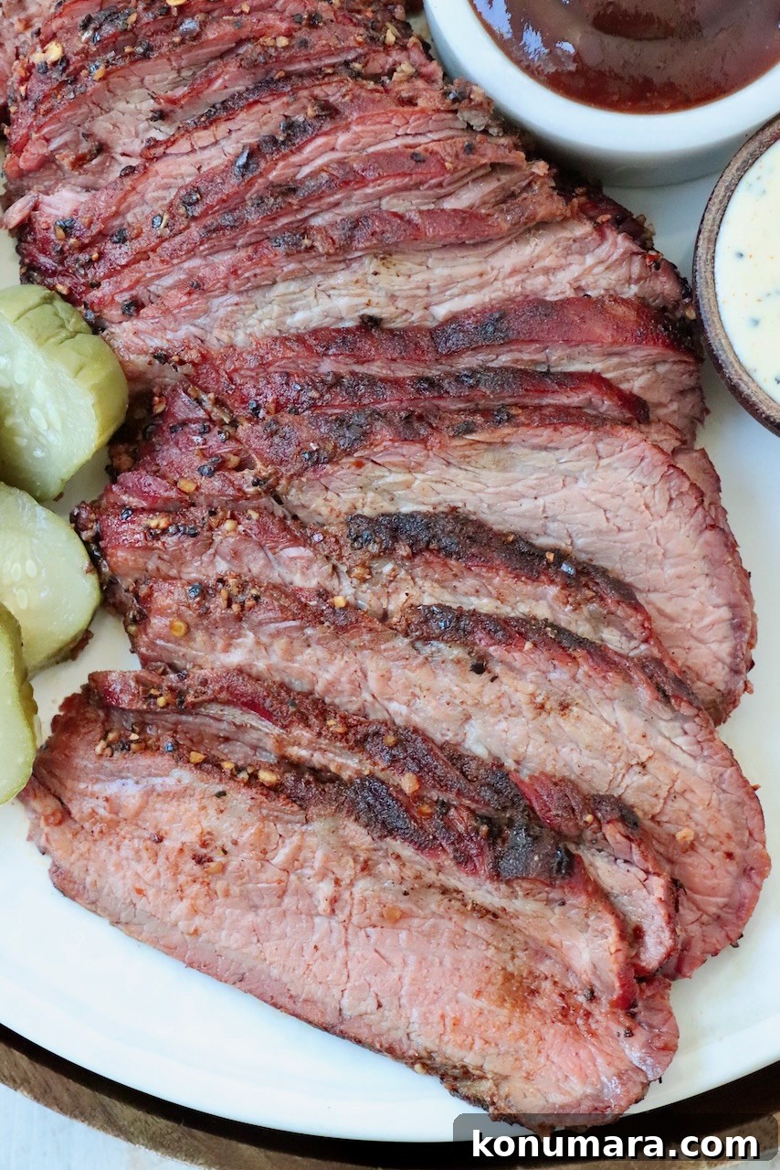 sliced smoked tri tip on plate