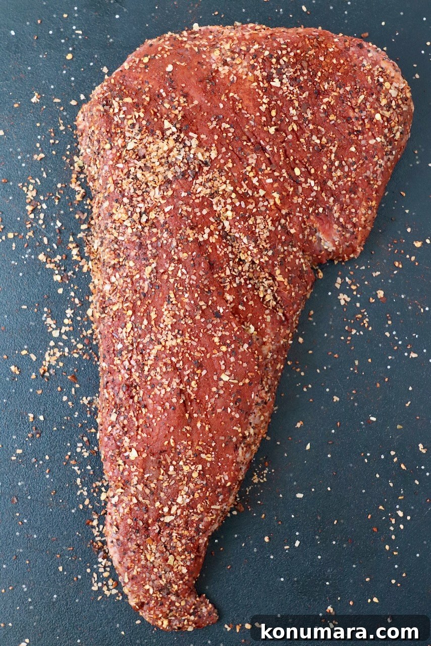 seasoned uncooked tri tip roast on cutting board