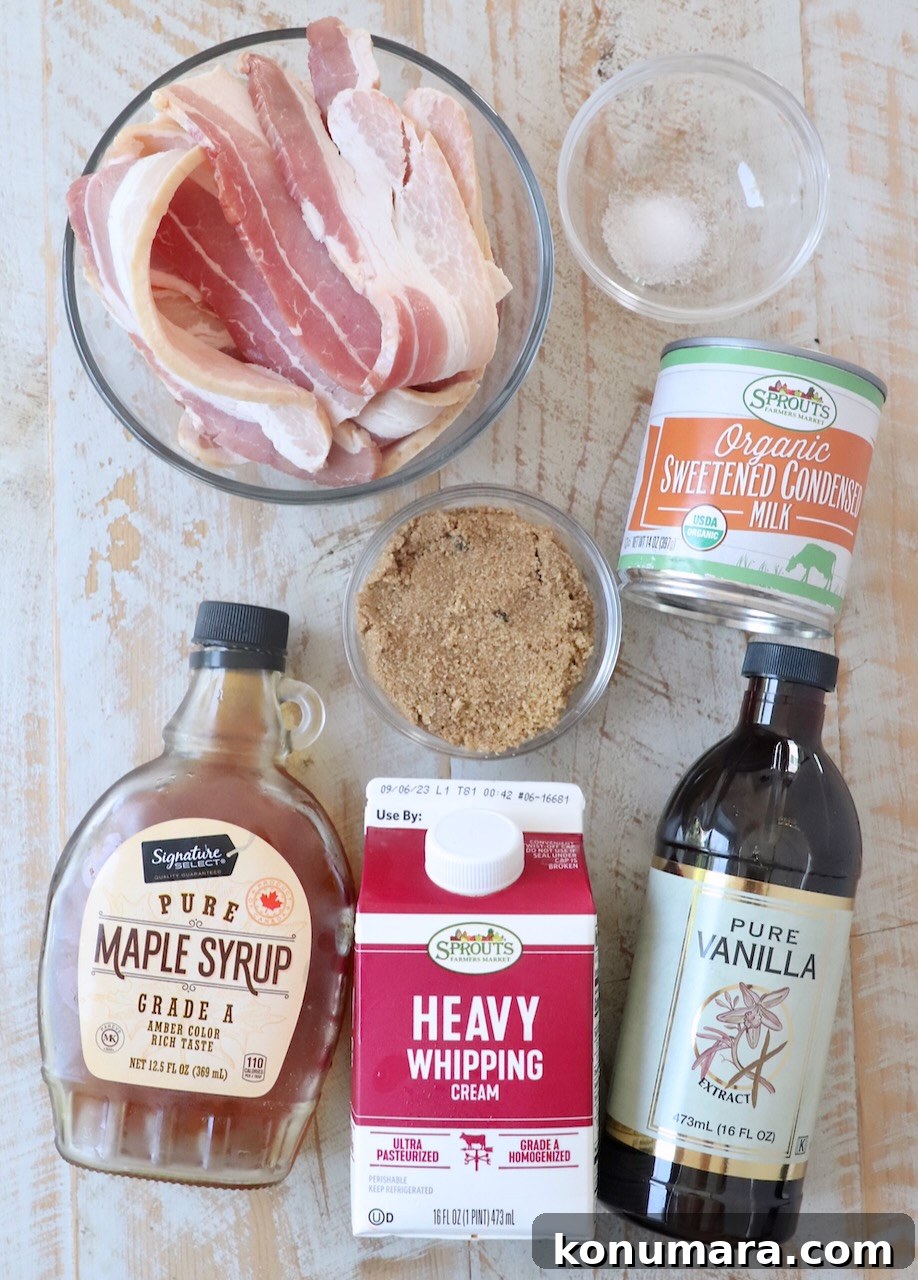 maple bacon ice cream ingredients on white wood board