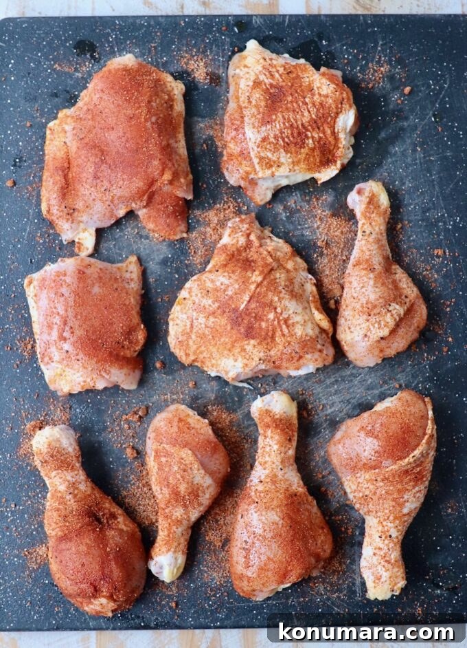 Juicy BBQ Chicken Recipe with Smoky Barbecue Sauce 4 seasoned bone-in chicken pieces on cutting board