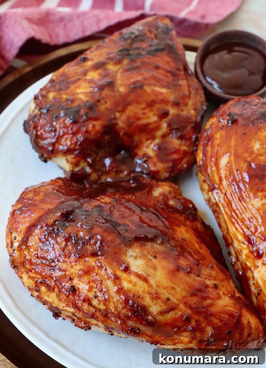 Juicy BBQ Chicken Recipe with Smoky Barbecue Sauce 6 bbq chicken breasts on plate