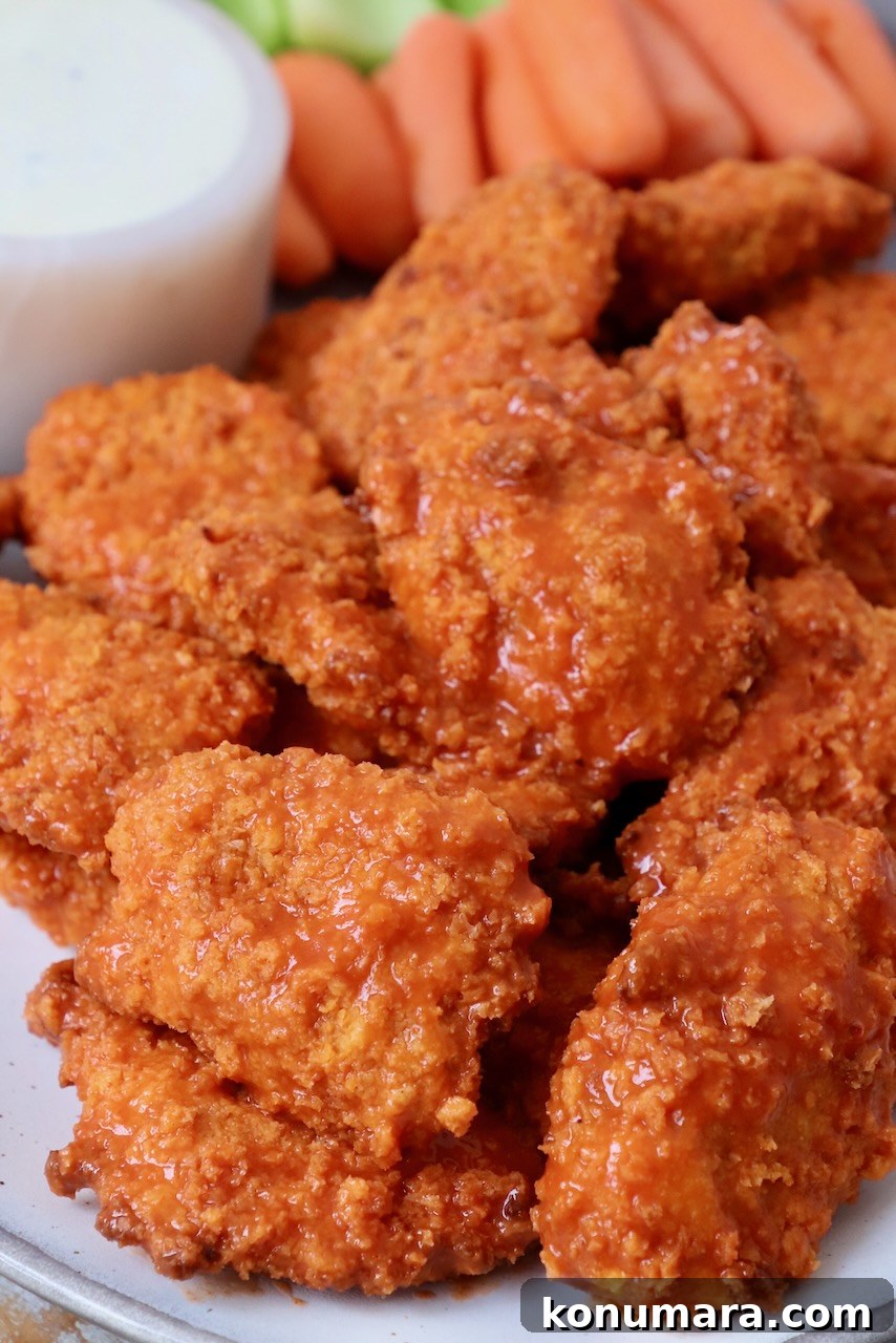 cooked boneless wings tossed with buffalo sauce on plate