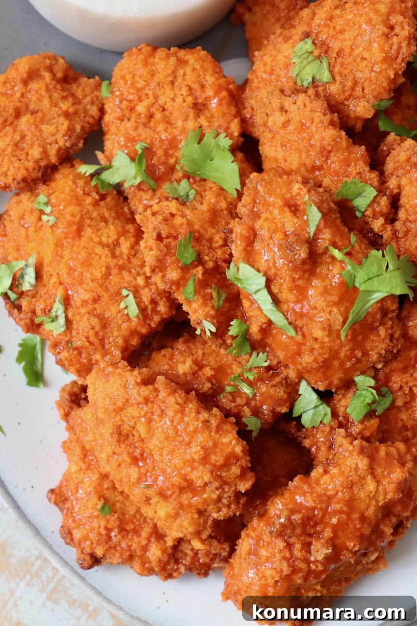 boneless wings tossed with buffalo sauce on plate