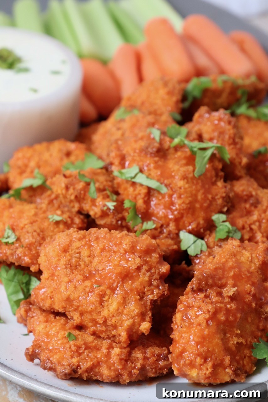 boneless chicken wings tossed in buffalo sauce on plate
