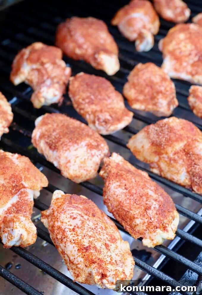 Smoked Chicken Wings: Crispy, Tender and Flavorful 6 seasoned raw chicken wings on smoker