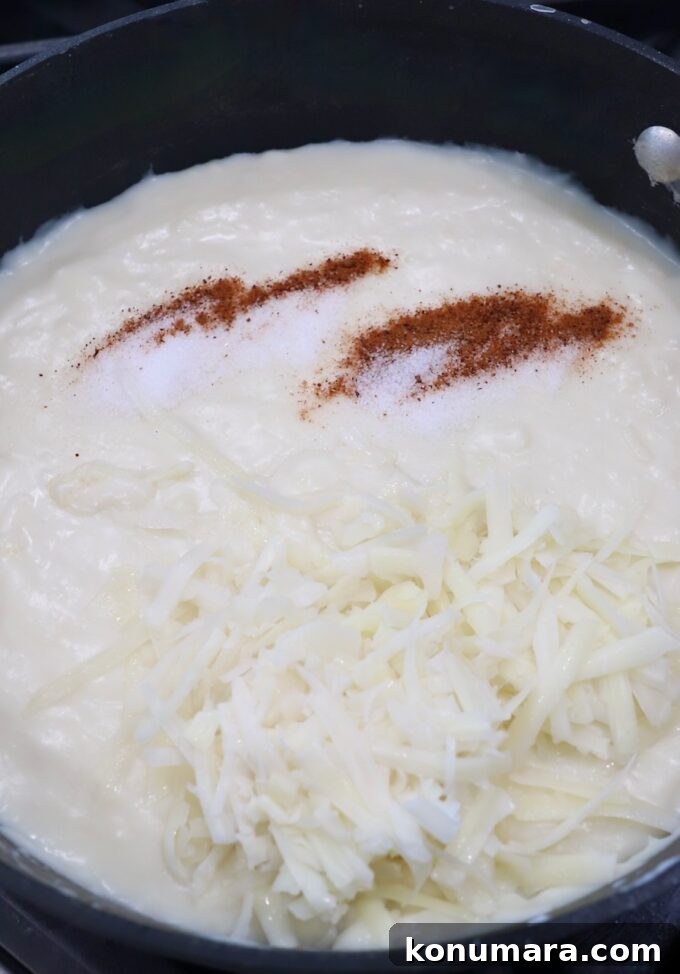 bechamel sauce in skillet with shredded cheese and spices