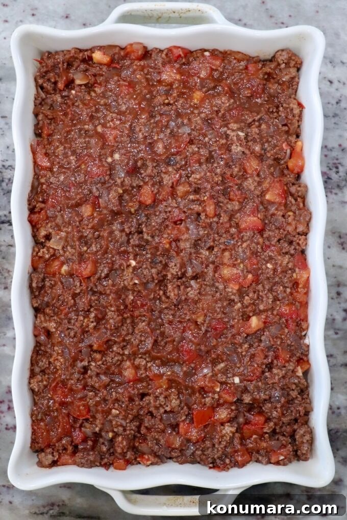 tomato meat sauce in casserole dish