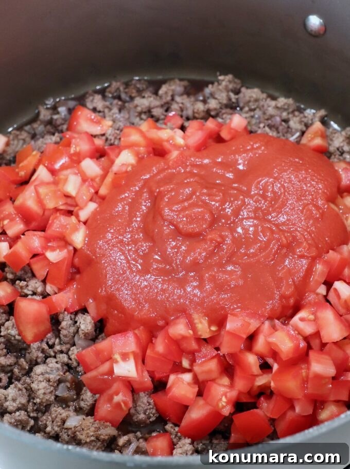 cooked ground beef with diced tomatoes and tomato sauce in large skillet