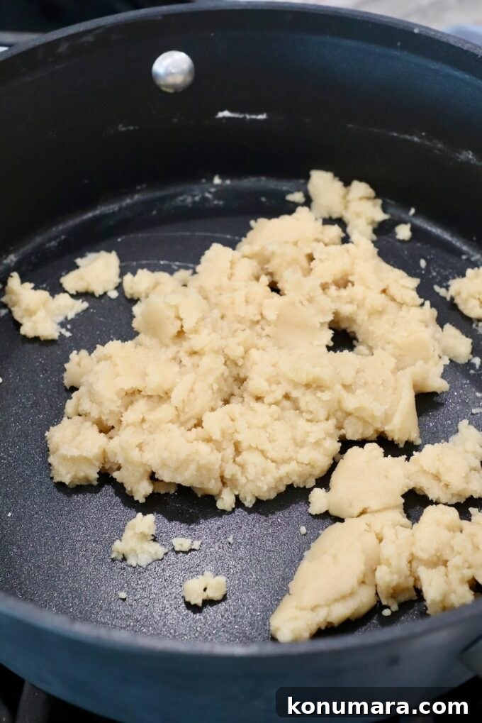 crumbled roux in skillet