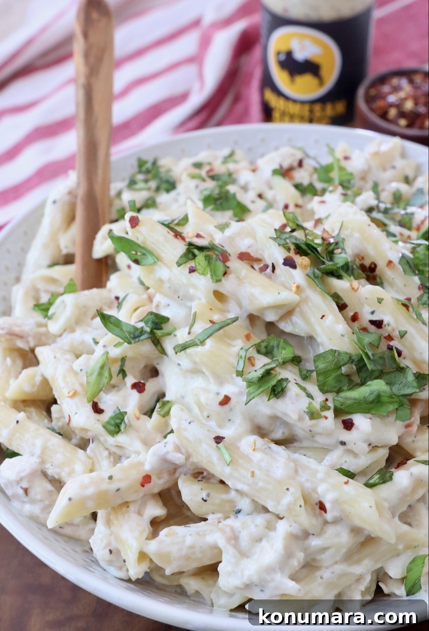 Creamy Garlic Parmesan Chicken Pasta Recipe 2 cooked penne pasta tossed with chicken and sauce in bowl with spoon