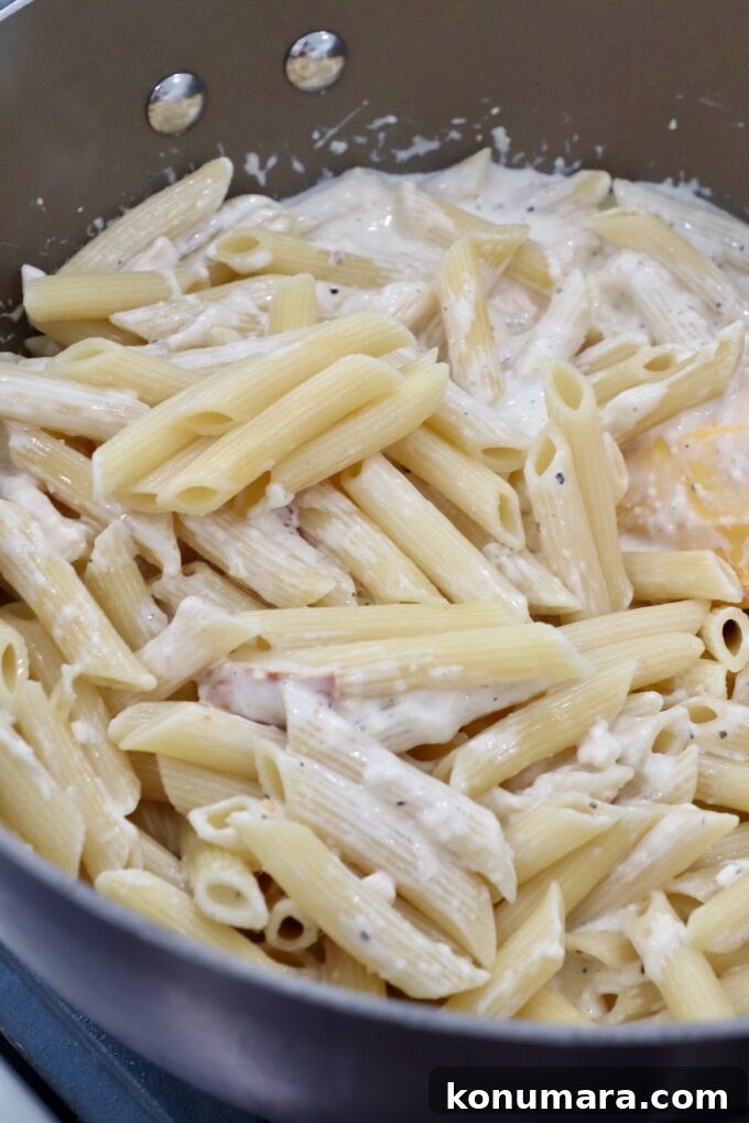 Creamy Garlic Parmesan Chicken Pasta Recipe 6 cooked pasta tossed with white sauce in pan