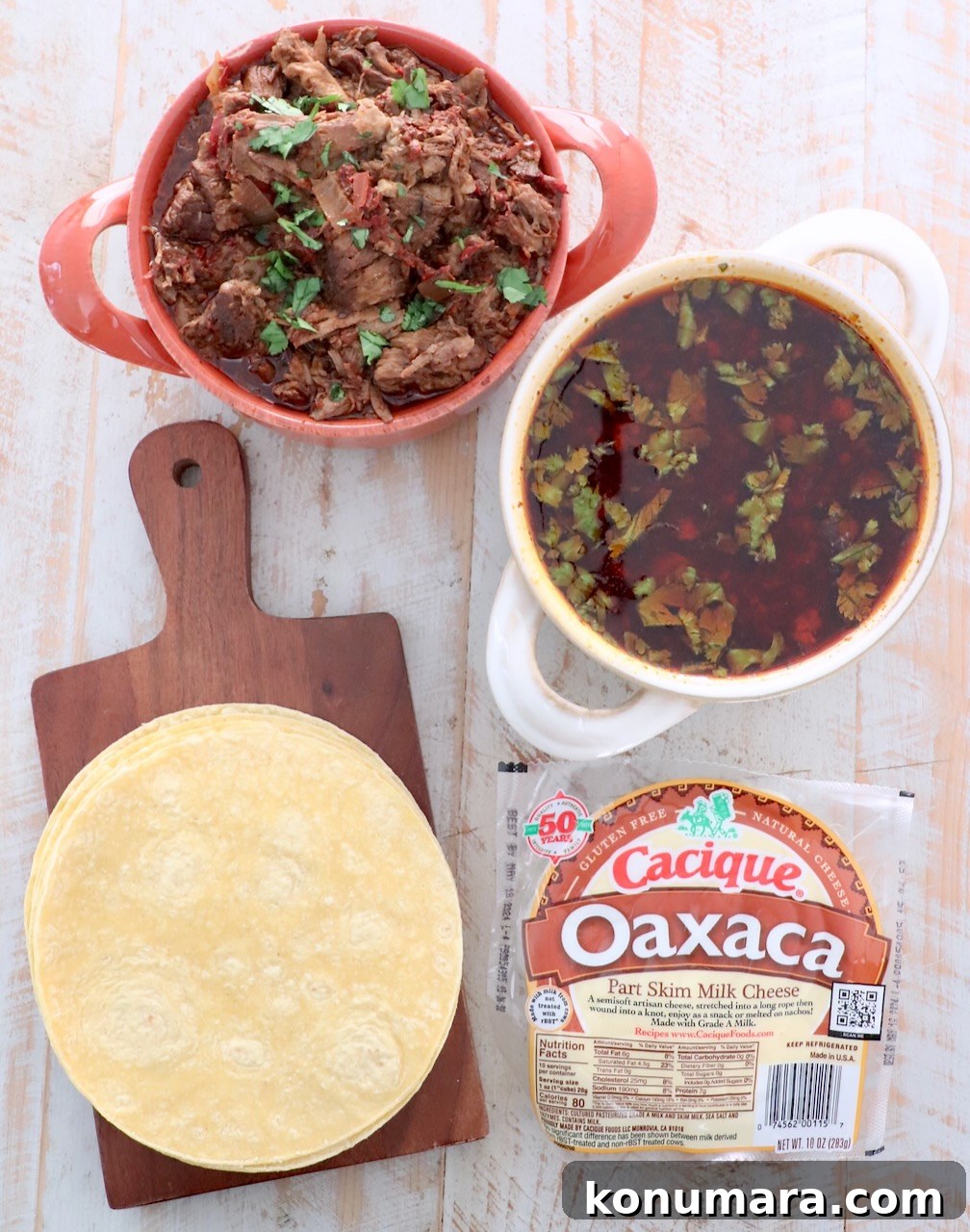 Quesabirria Recipe: Crispy Cheesy Birria Tacos 3 ingredients for quesabirria tacos on white wood board