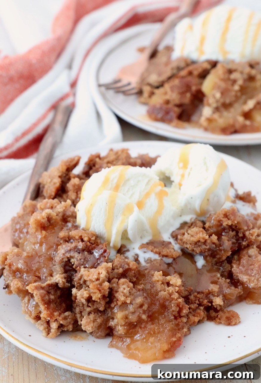 One-Pan Caramel Apple Dump Cake Recipe 2 apple dump cake served on plates, topped with a scoop of ice cream