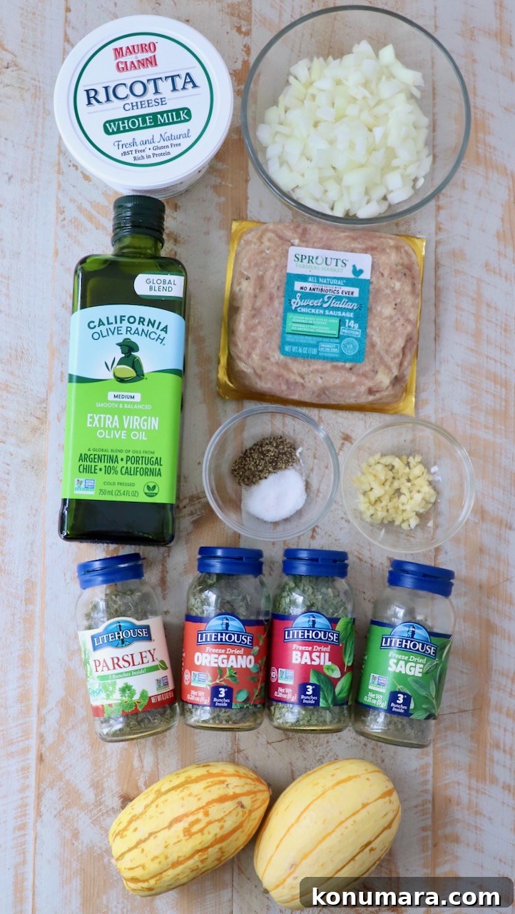 Ingredients for stuffed delicata squash arranged on a white wood board