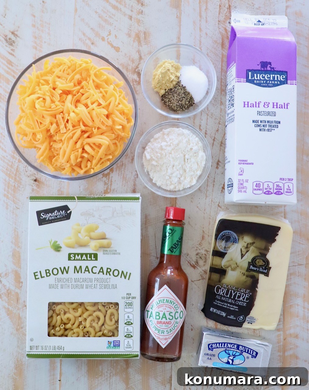 Creamy Homemade Mac and Cheese Recipe 3 ingredients for mac and cheese on white wood board