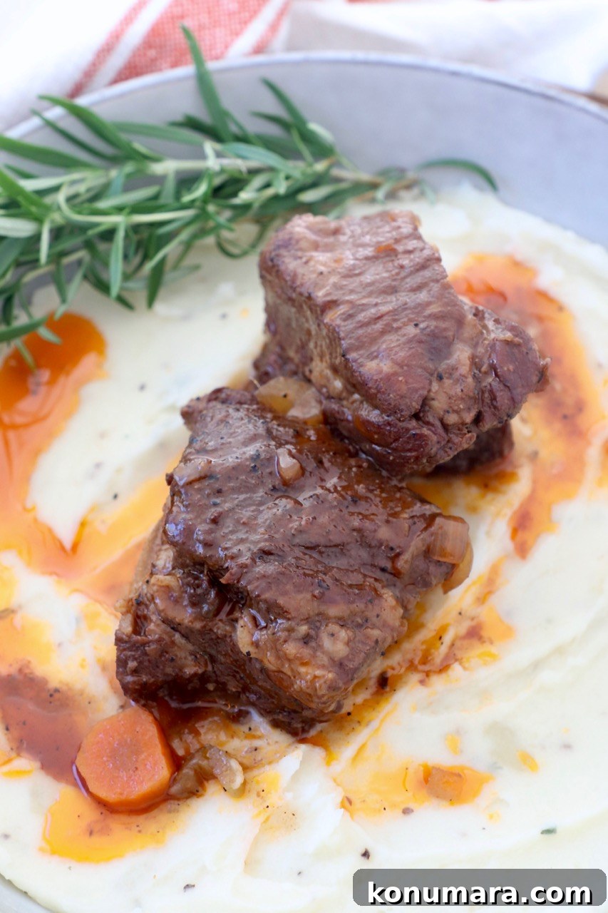 braised short ribs on top of mashed potatoes in bowl