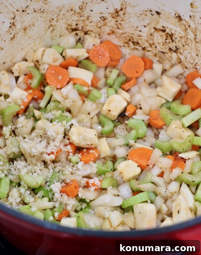 diced vegetables in dutch oven