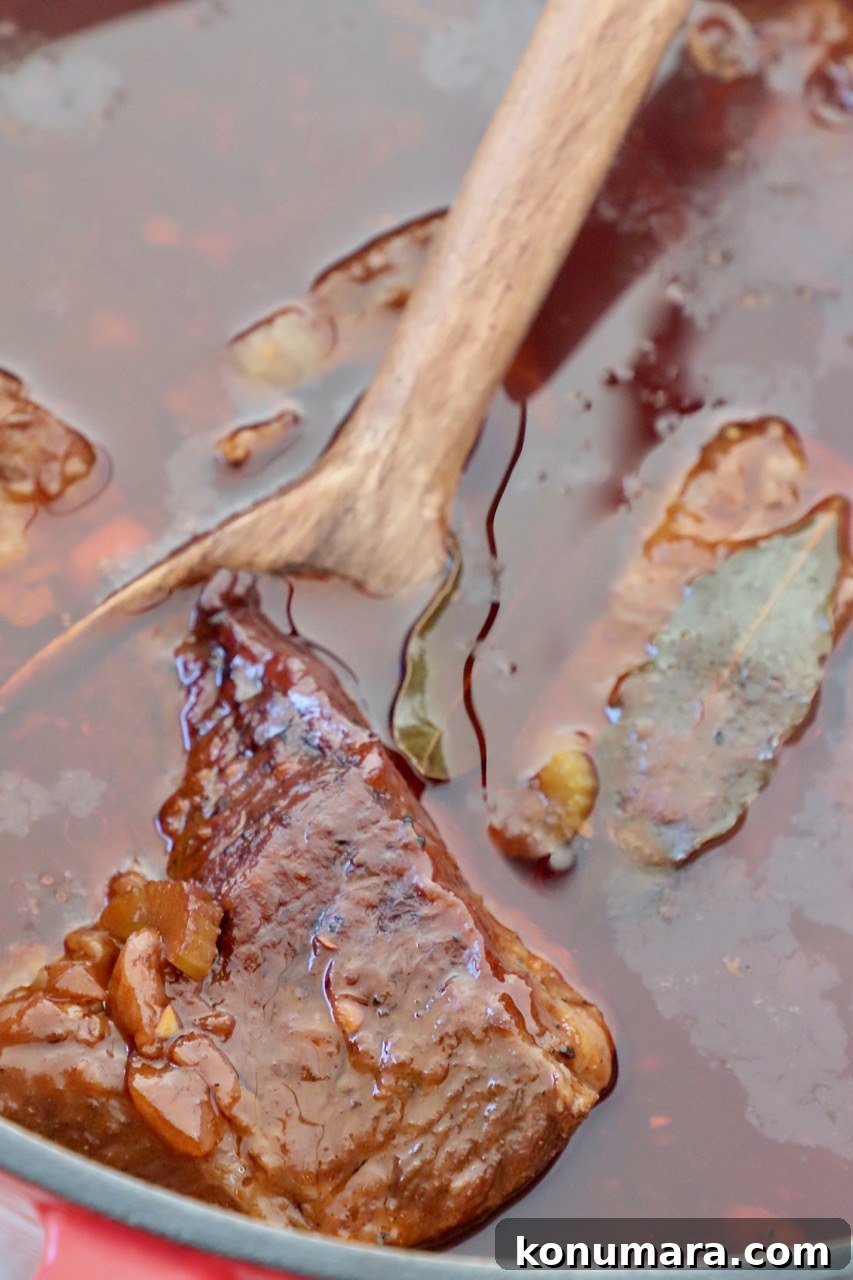 braised short ribs in dutch oven with serving spoon