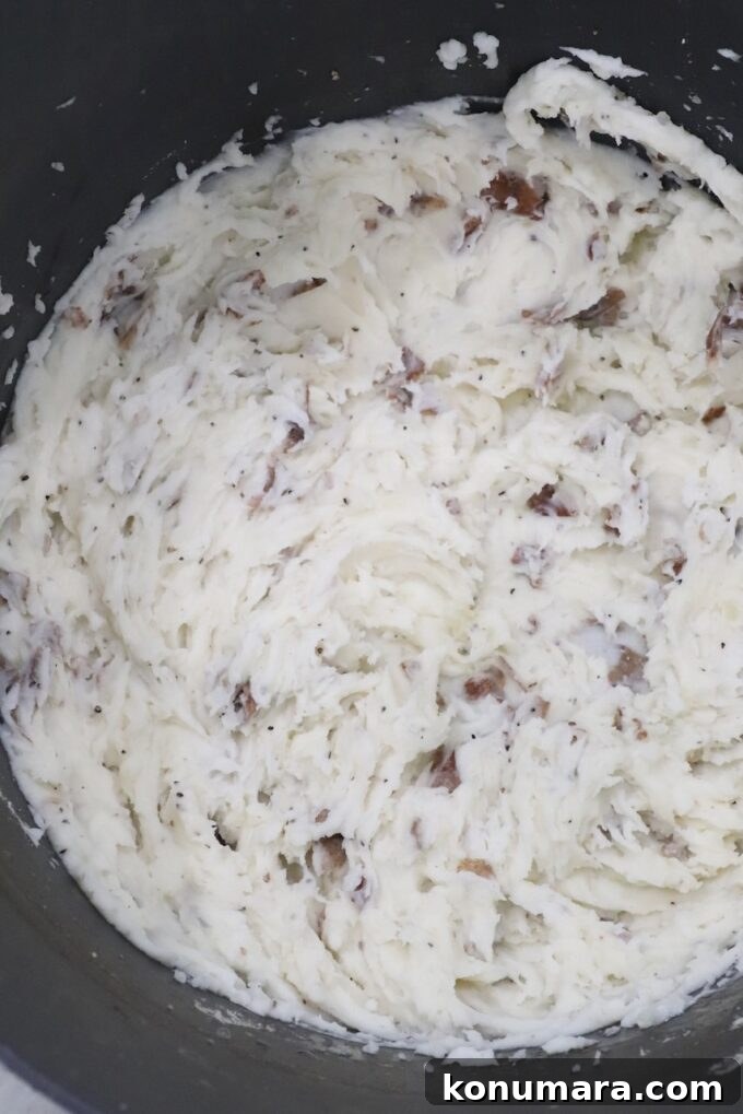 Loaded Mashed Potatoes Recipe with Bacon and Cheddar 5 mashed potatoes in pot