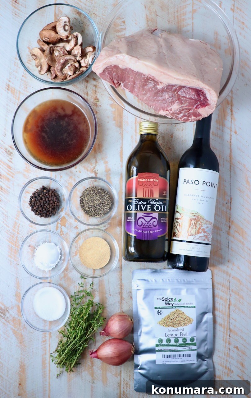 Smoked New York Strip Roast Recipe and Smoking Tips 3 ingredients for smoked new york strip roast on white wood board